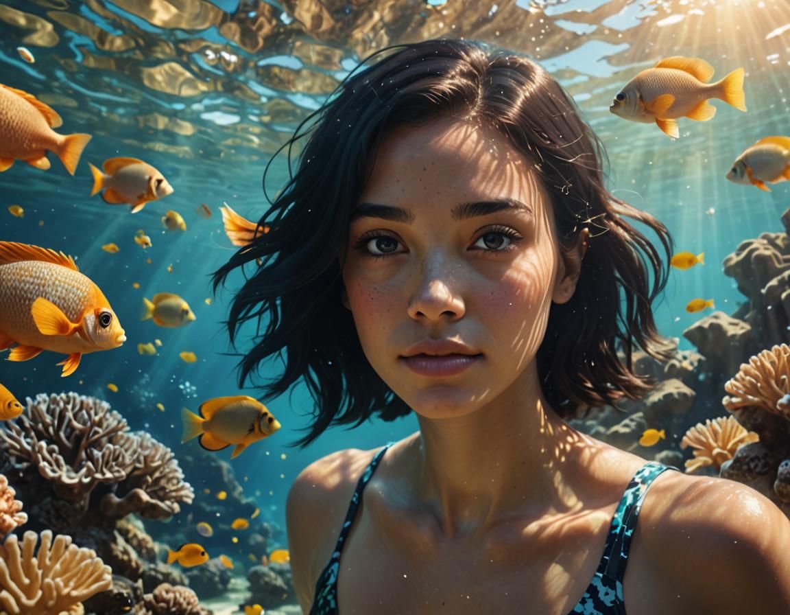 Underwater Scene with Woman, Fish, and Coral