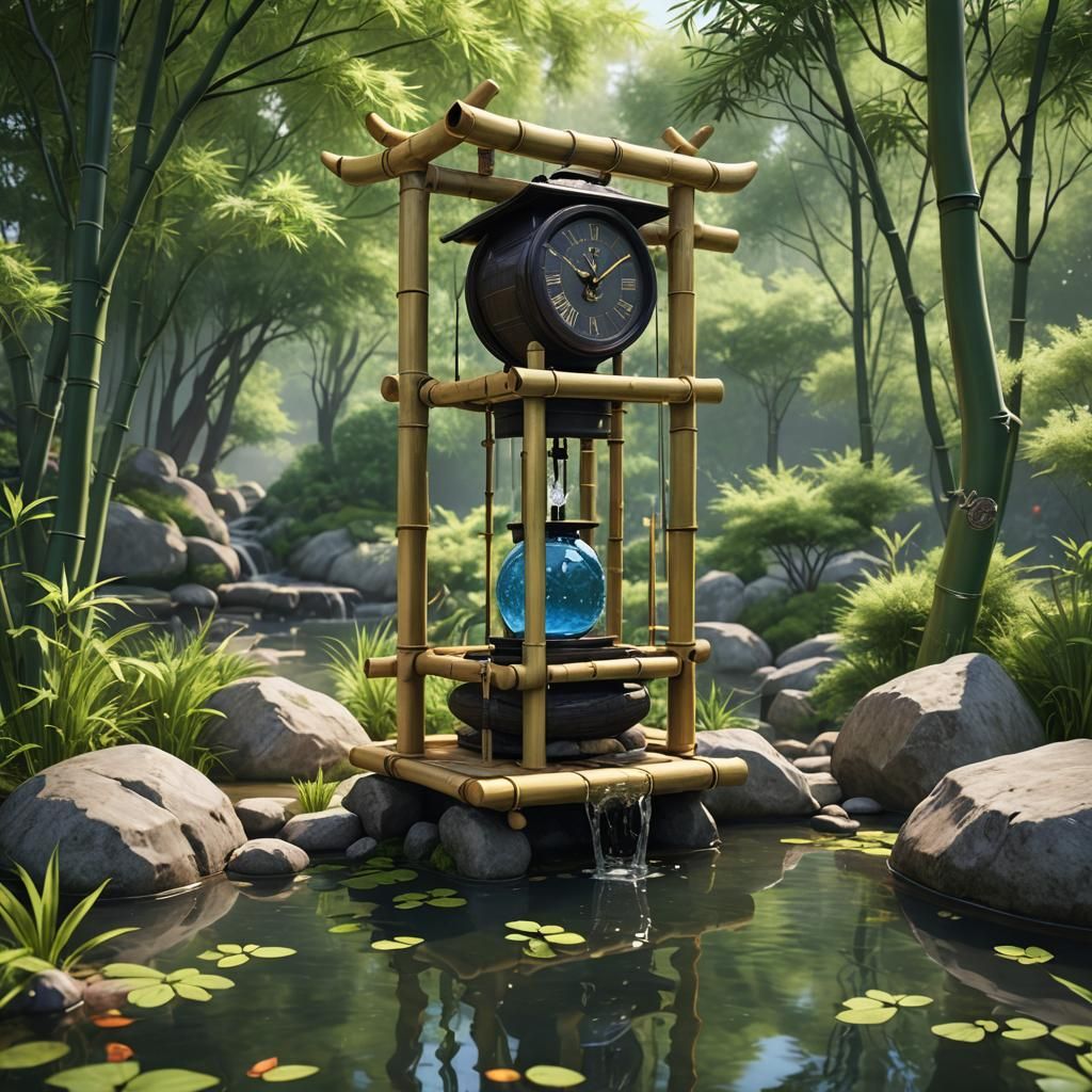 Surreal 3D Anime Art of a Bamboo Water Clock in a Japanese G...
