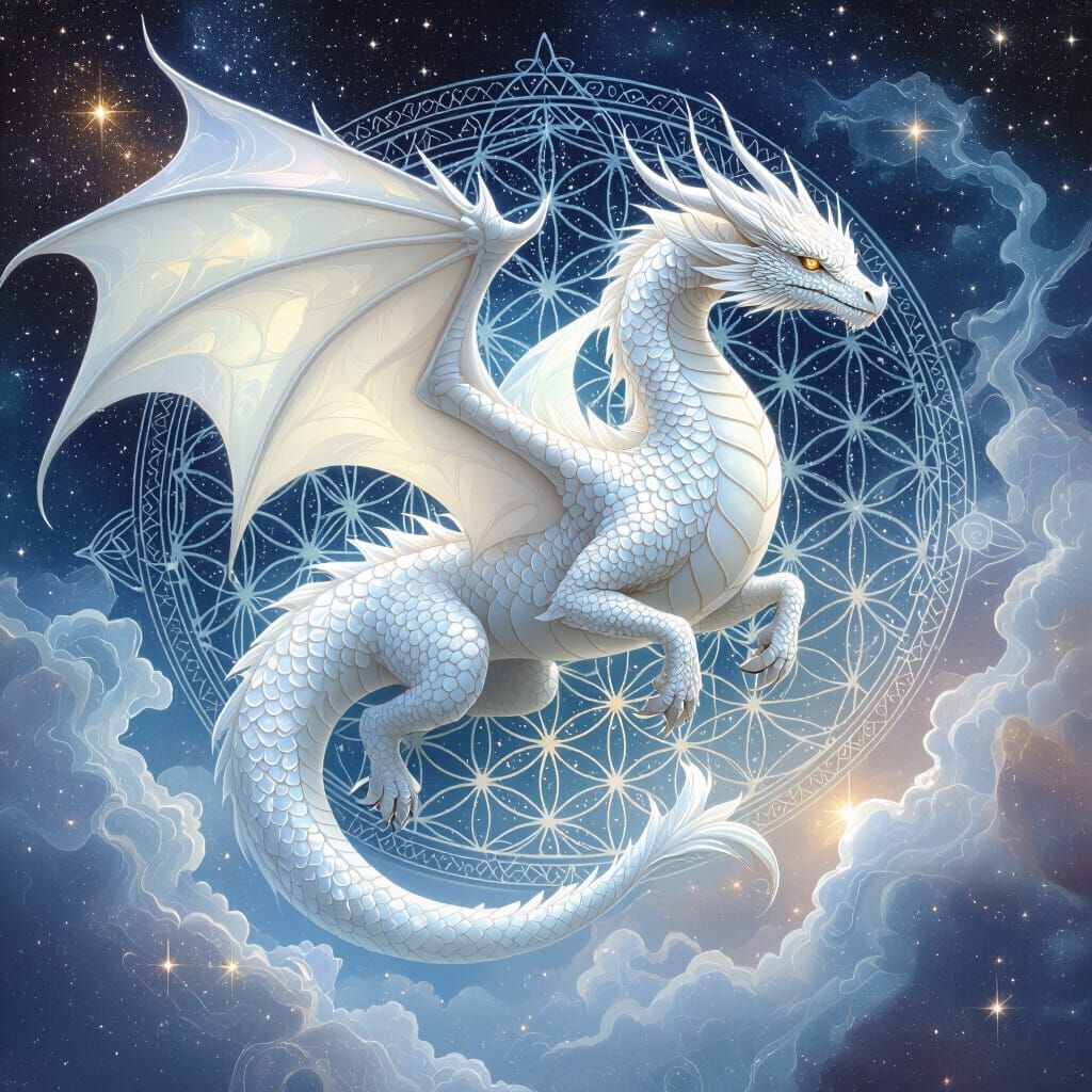 White Dragon Soaring Through Starry Space