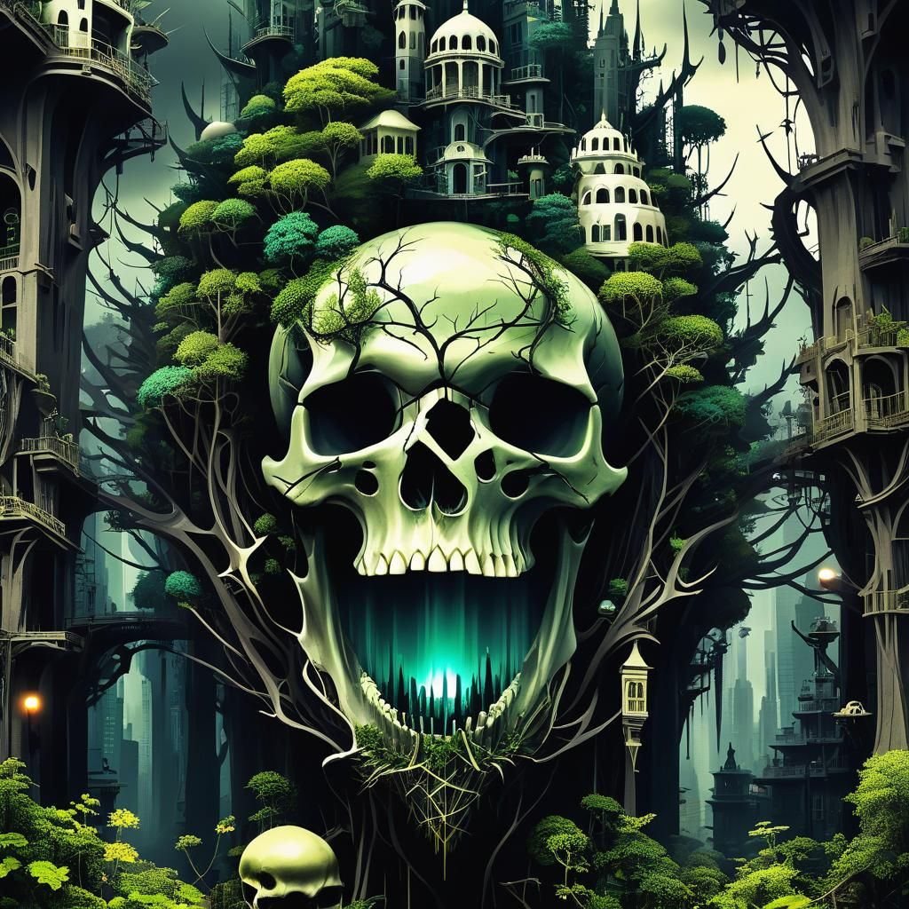 Creepy Surreal Weirdcore City Forest Skull