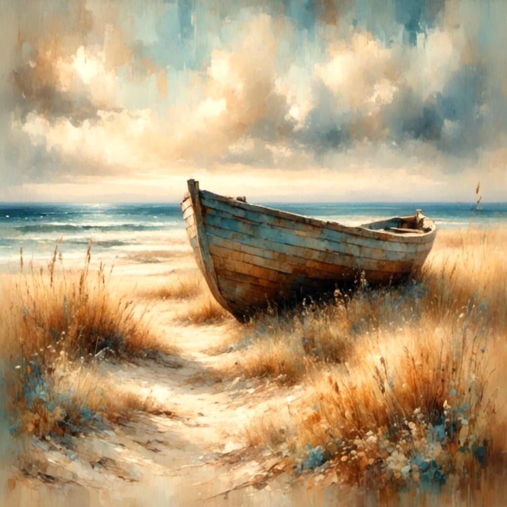 Weathered Boat on Sandy Beach in Impressionist Style