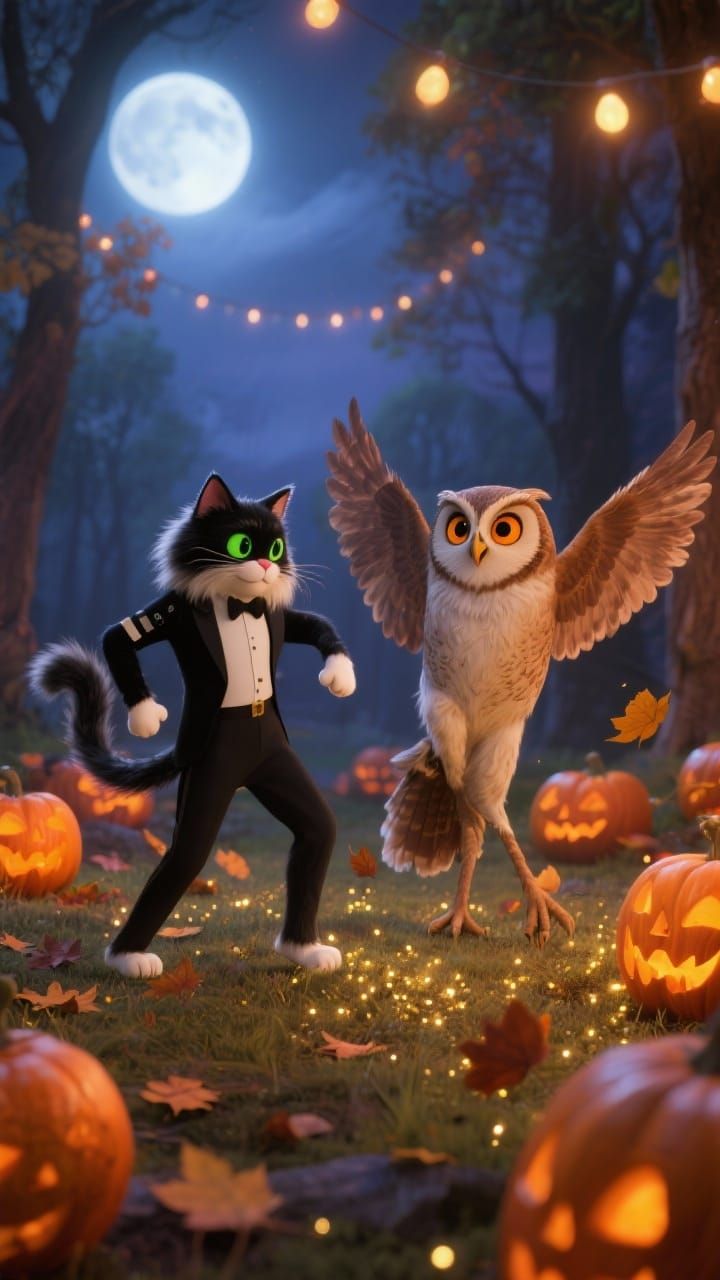Pixar Cat and Owl Dance on Halloween Night
