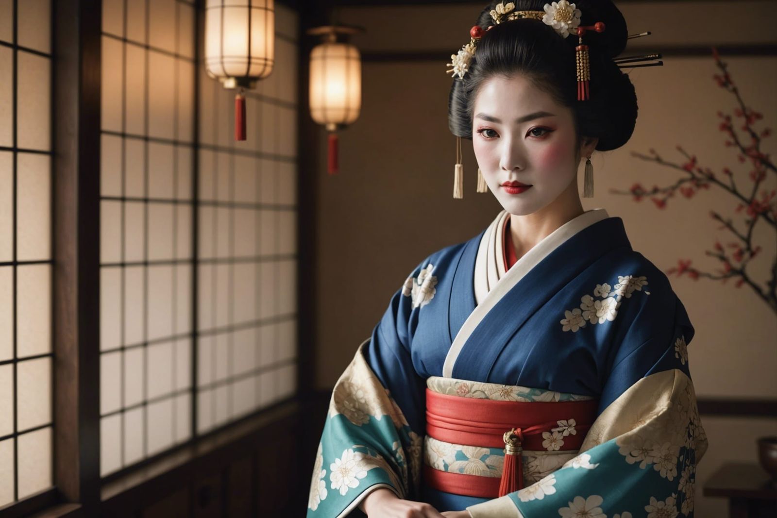 Elegant Geisha in Traditional Attire, Japanese Art Style