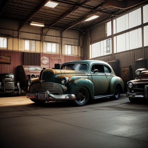 Retro Americana Hotrod Shop in Vintage Photography Style