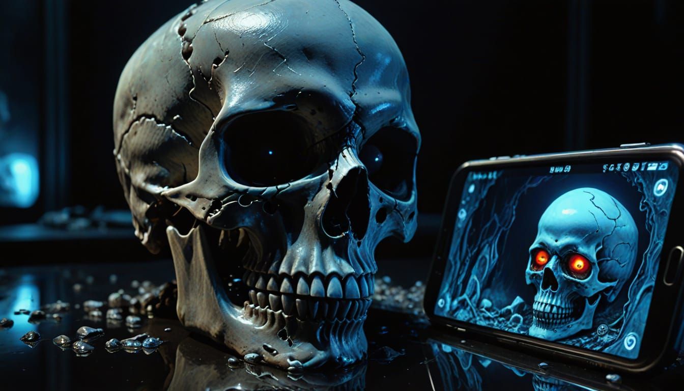 Melting Skull Stares at Phone in Dark Fantasy Style