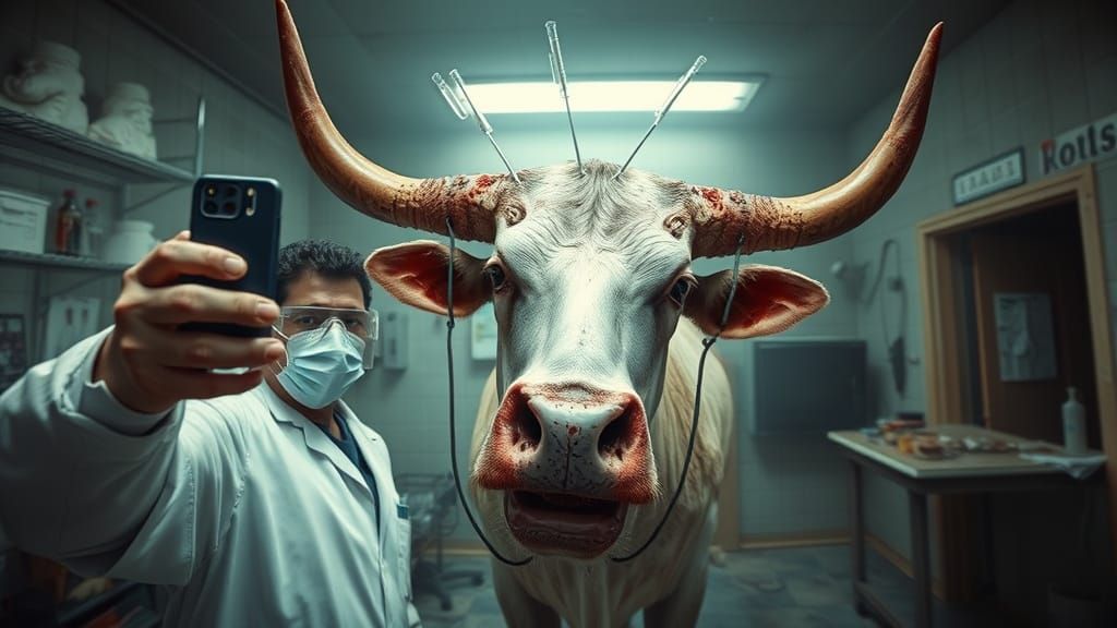 Mutated Bull Selfie in Dingy Mexican Lab: Horror