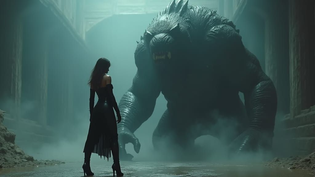 Superhero vs Monster in Dark Fantasy Action Scene