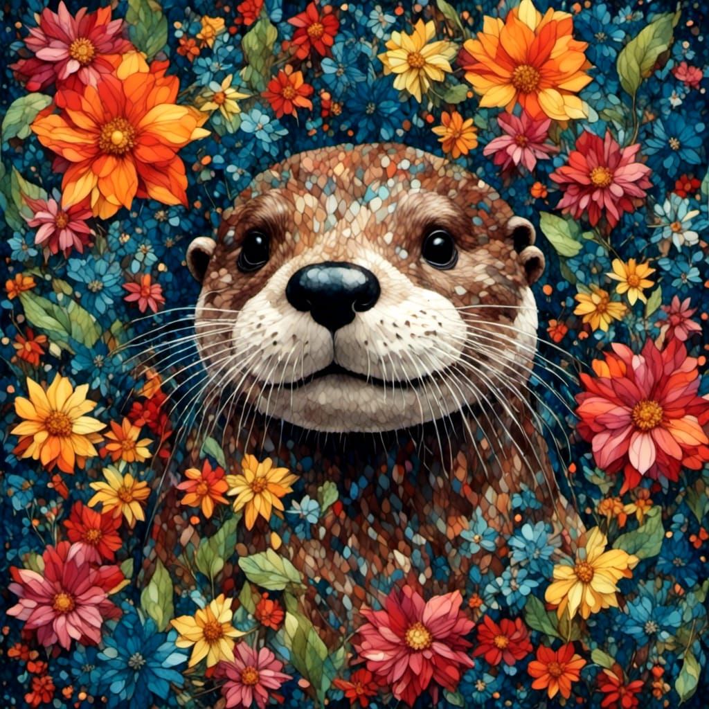 Smiling Otter in Surreal Floral Landscape