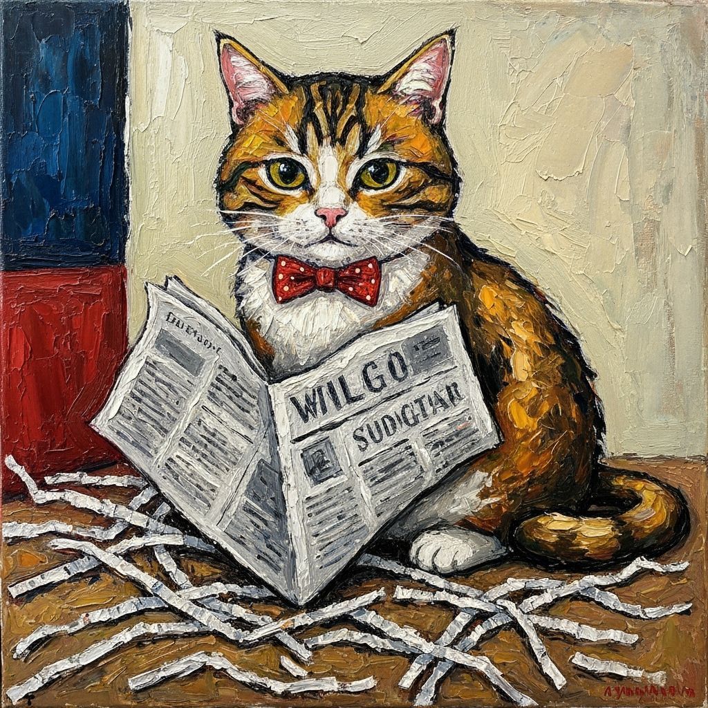 Cat Eats Newspaper in Impasto Oil Painting Style