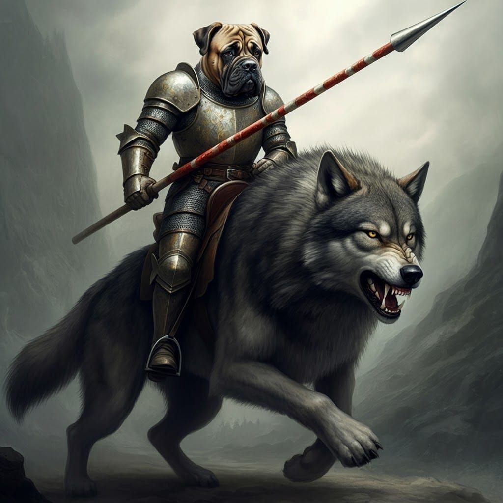 Mastiff Knight Charges on Giant Wolf