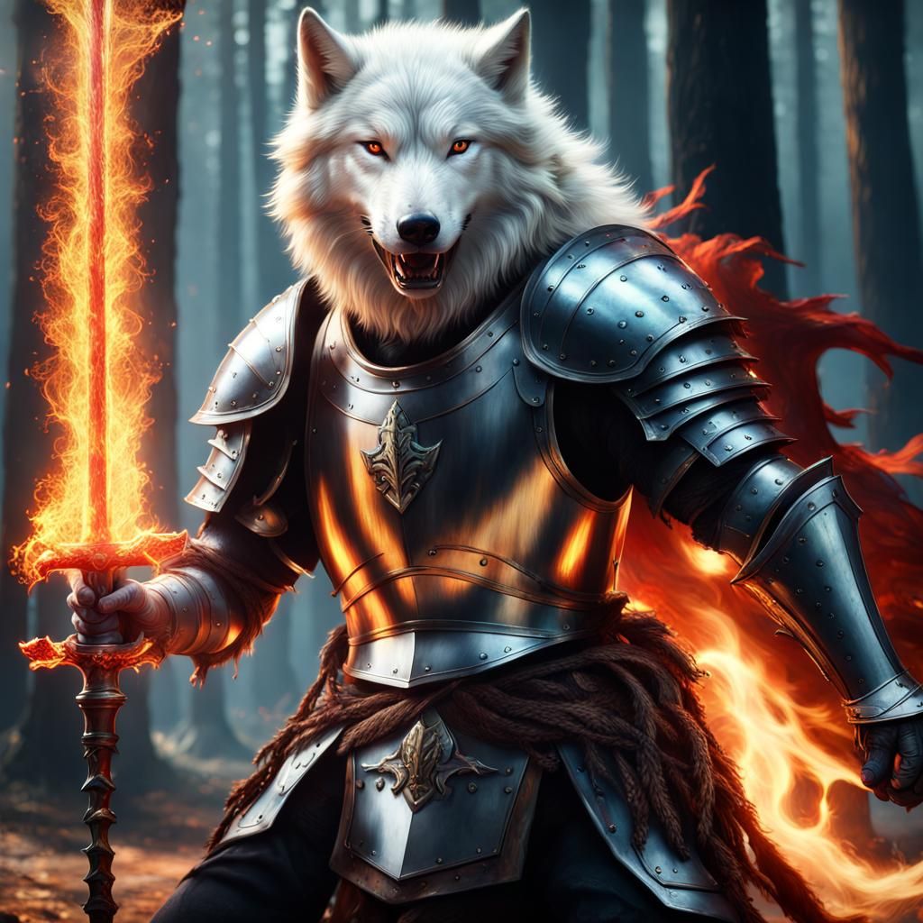 Armored White Wolf Strikes Evil Creature