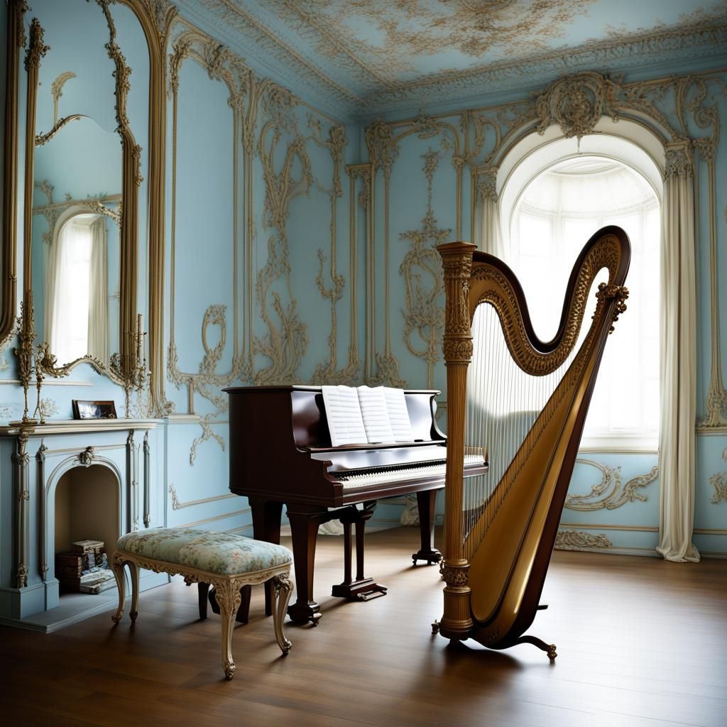 Rococo Music Room with Harp and Piano