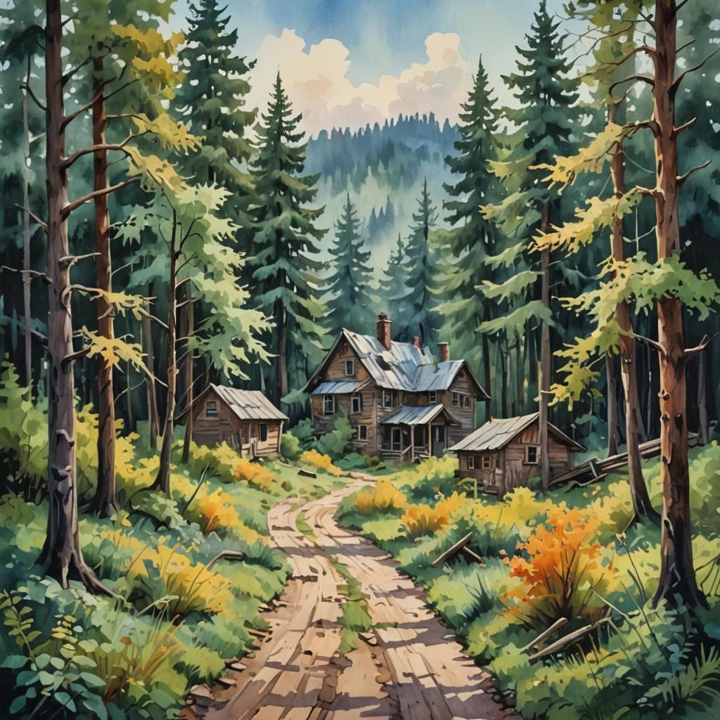 Ethereal Ghost Town: Gouache and Watercolor Forest