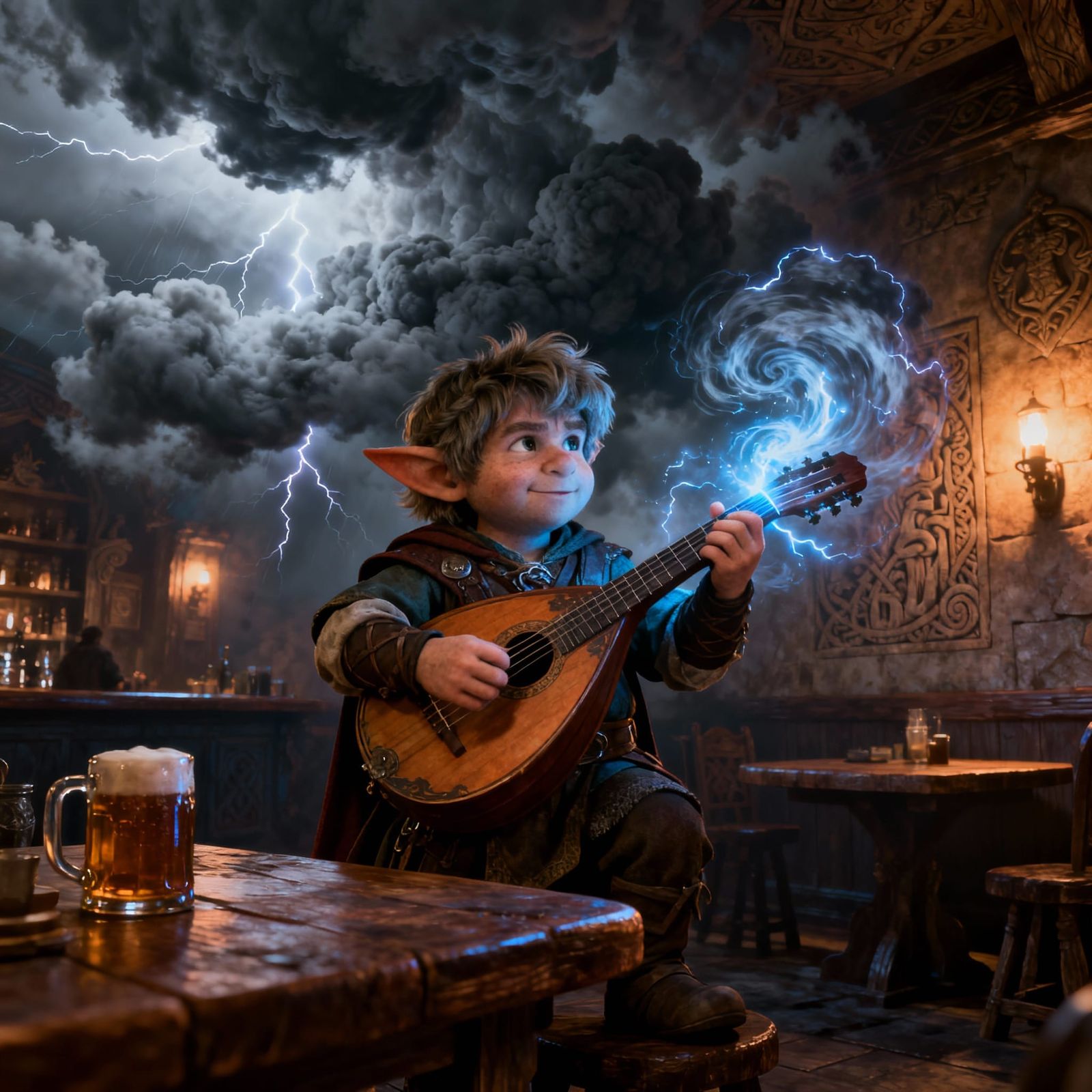 Halfling Bard Conjures Storms in Tavern with Magical Lute
