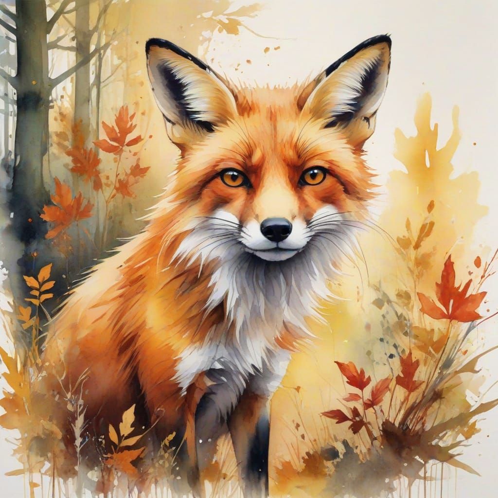 Surreal Autumn Woodland Scene in Watercolor Style