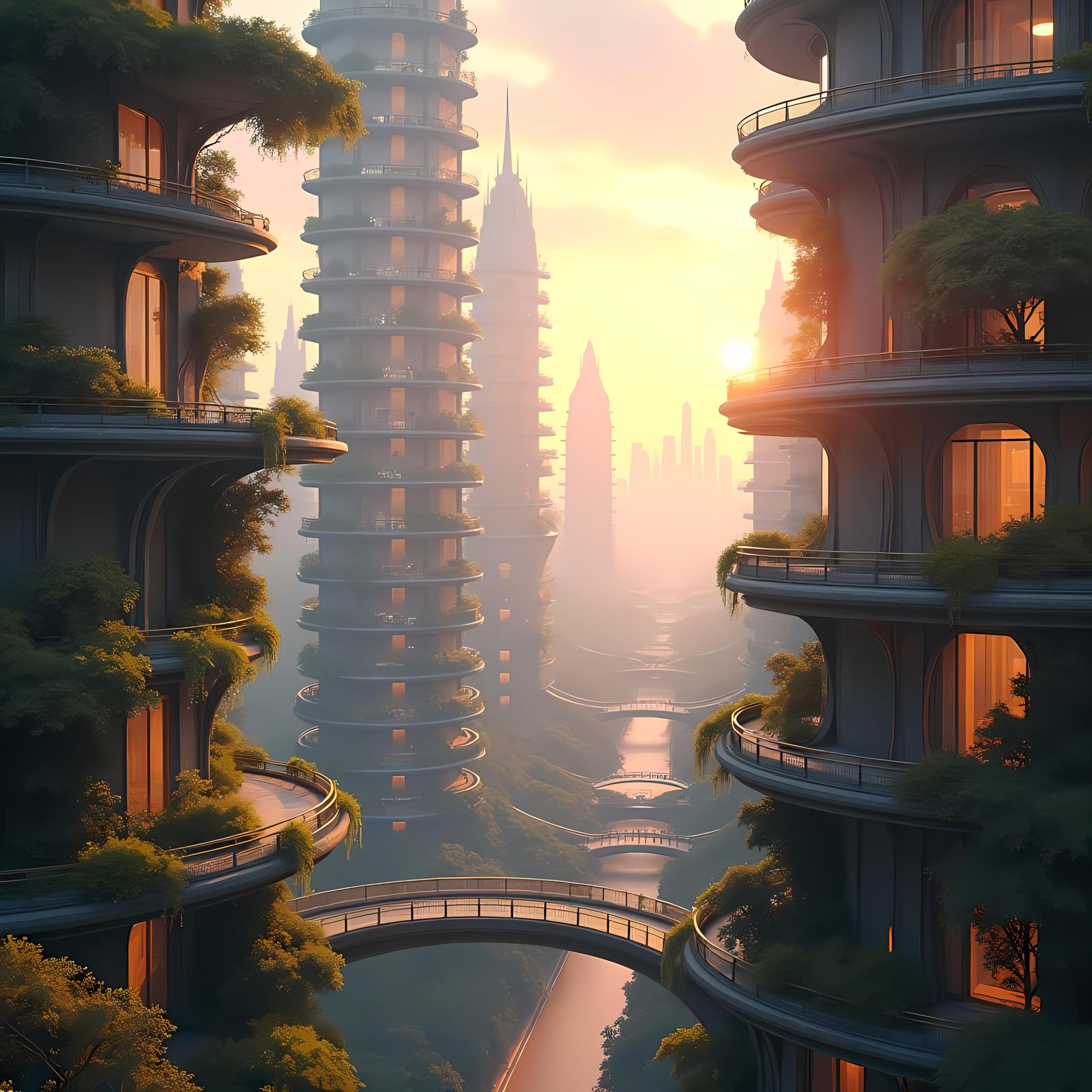 Futuristic Cityscape with Hanging Gardens in Detailed Matte ...