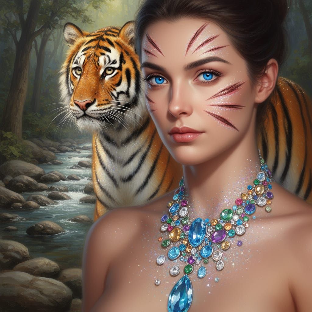 Gemstone Queen with Glittering Tiger Beside Her