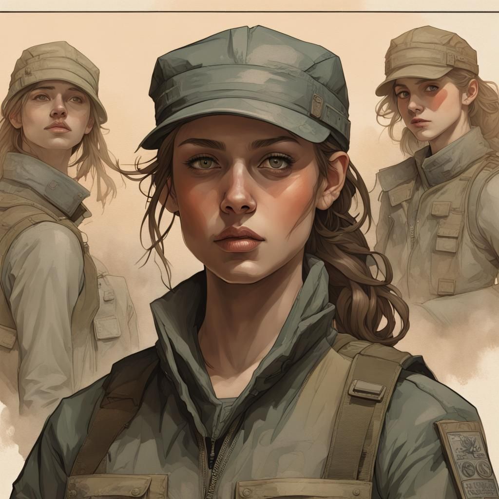 Woman in Baggy Military Fatigues, Hyperdetailed Portrait
