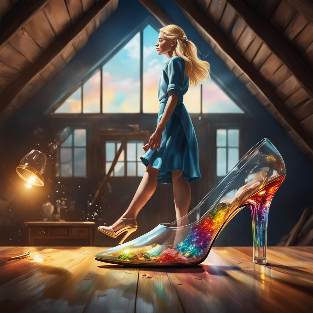 Blonde Woman with Glass Slipper: Hyperrealistic Attic Scene