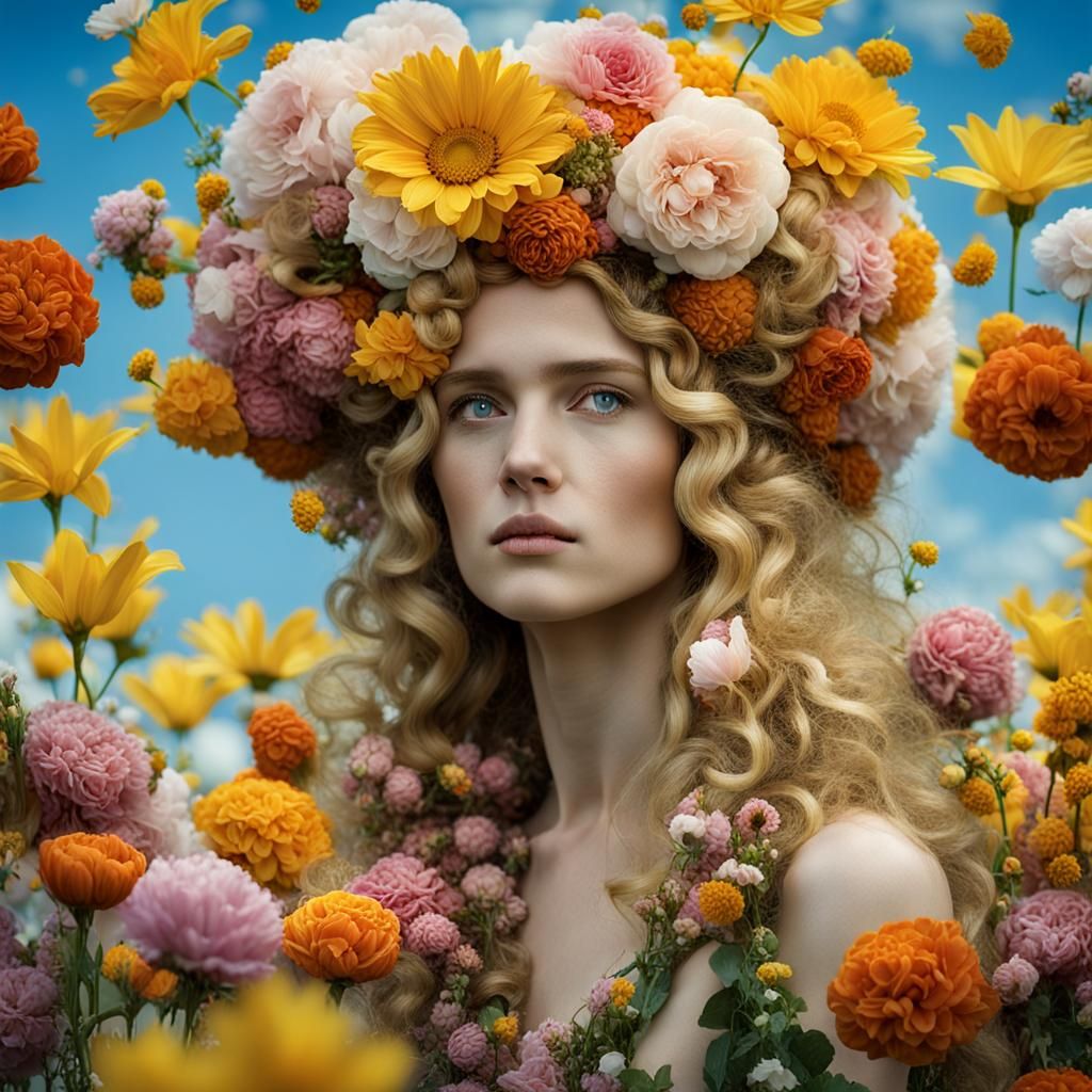 Surreal Water Goddess with Floral Halo Portrait