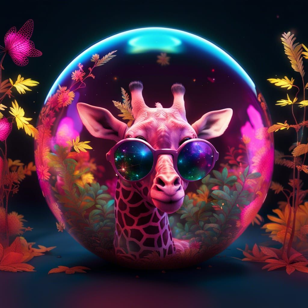 Giraffe in Iridescent Bubble with Fireflies