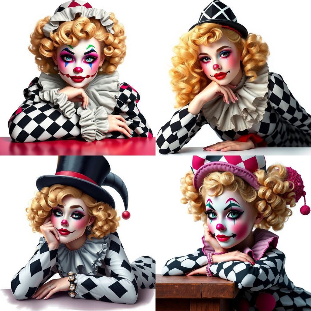 A Young Woman in Whimsical Clown Attire Leans on a Table