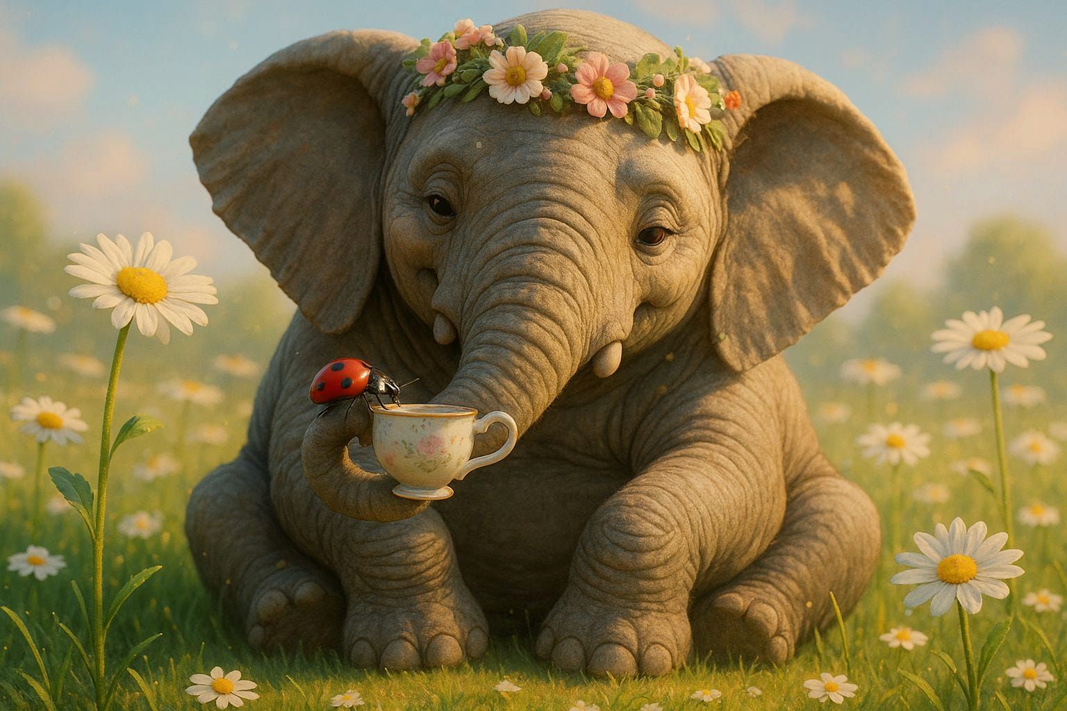 Whimsical Elephant and Ladybug Tea Party in Meadow