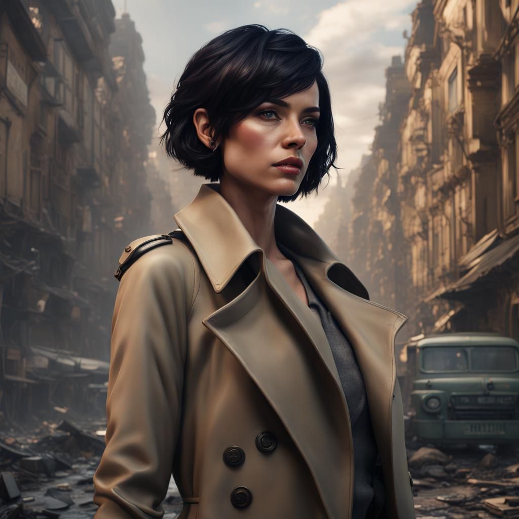 Woman in Trench Coat: Detailed Fantasy Art