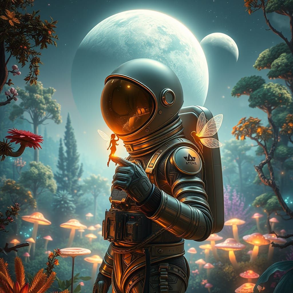 Cosmic Encounter: Astronaut Meets Dreamlike Forest in Shimme...