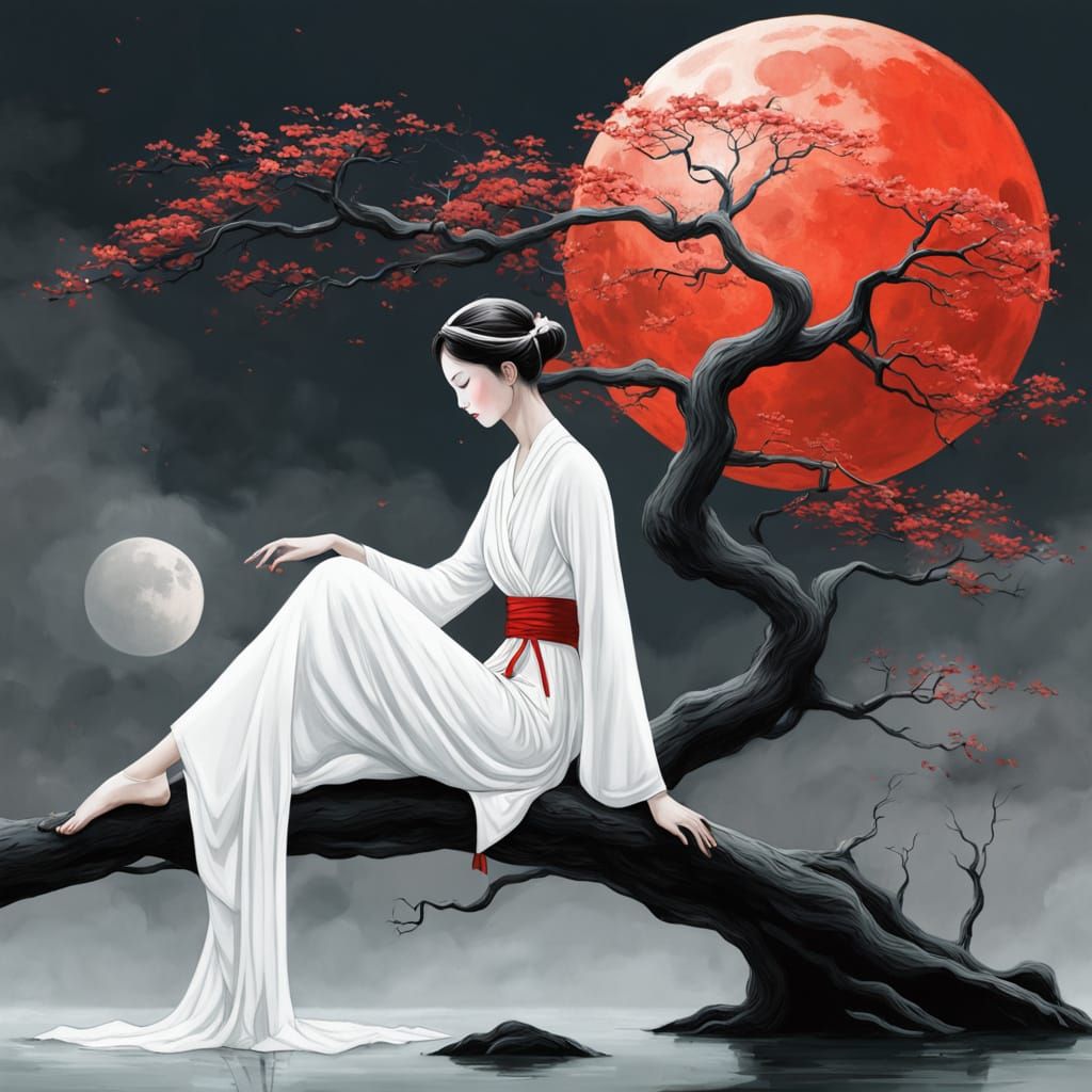 Surreal Moon Bridge: Slender Figure in Dreamscape