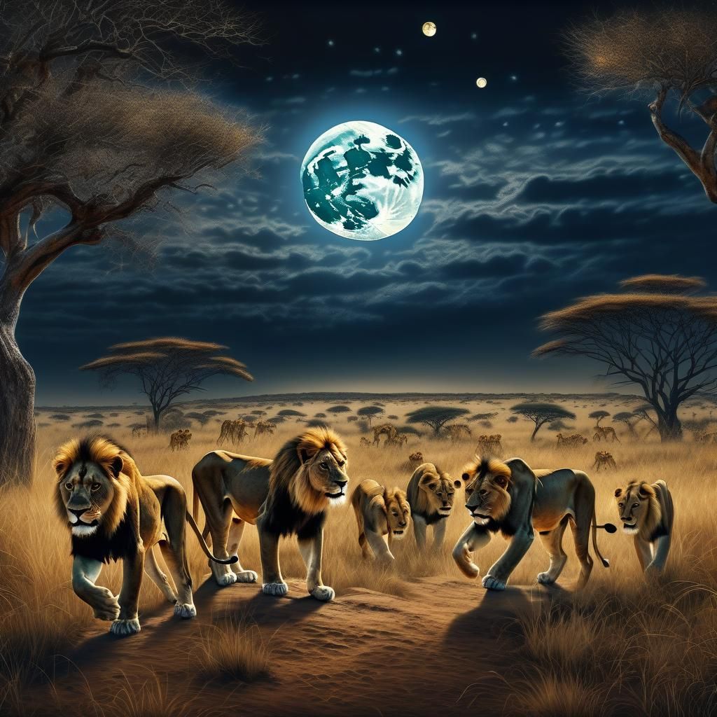 African Plains Lions Hunt Under Hunter's Moon