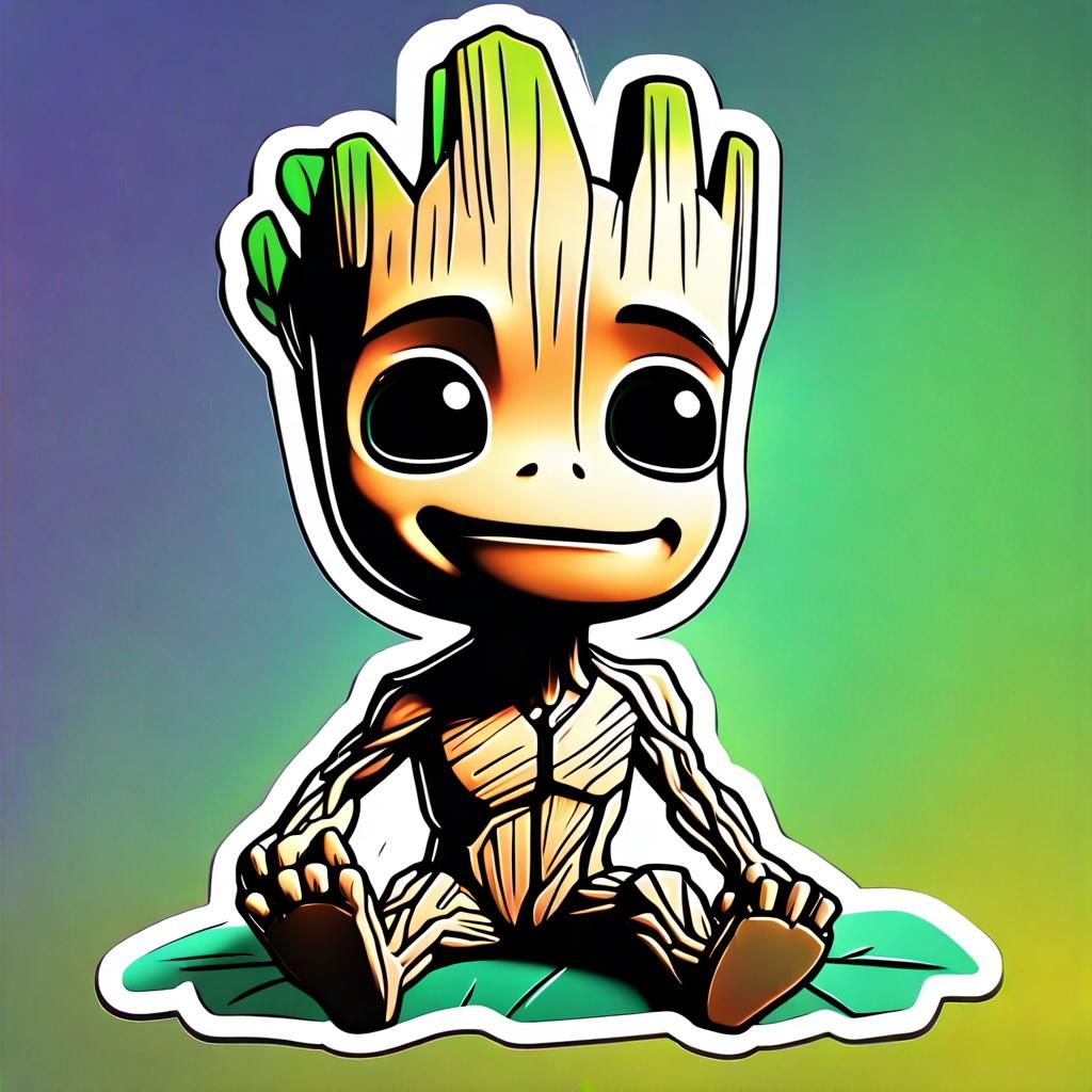 Cute Baby Groot Manga Sticker in 3D Digital Art