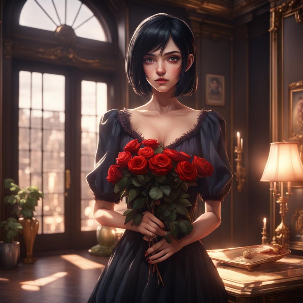 Anime Girl with Rose in Detailed Matte Painting