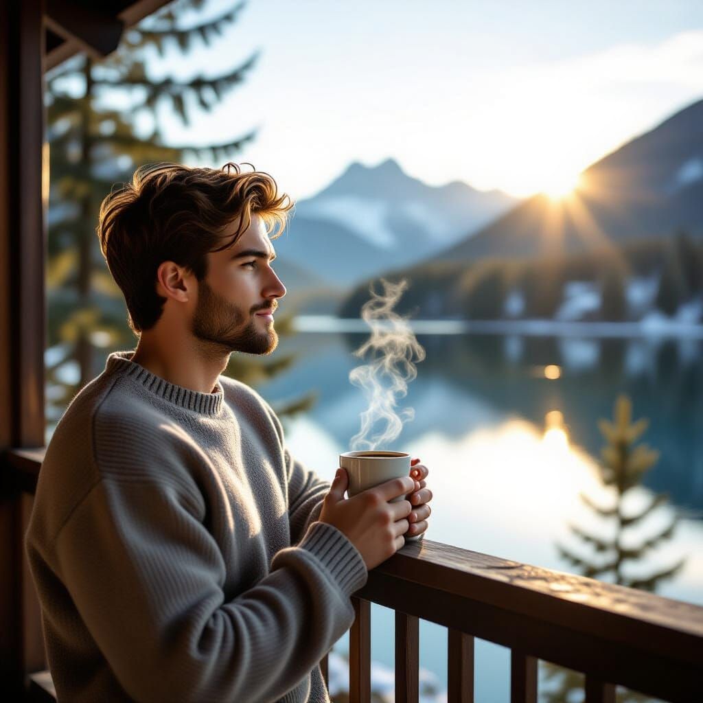 Young Man Contemplates Morning View with Coffee