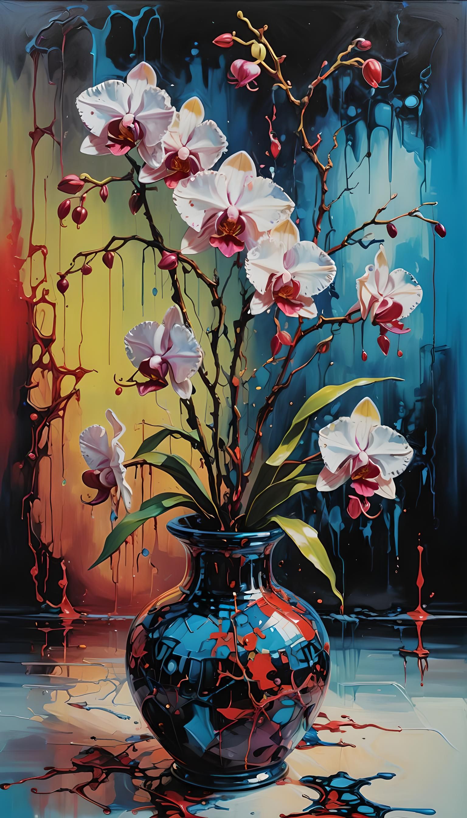 Geometric Abstract Red Orchids in Oil on Canvas