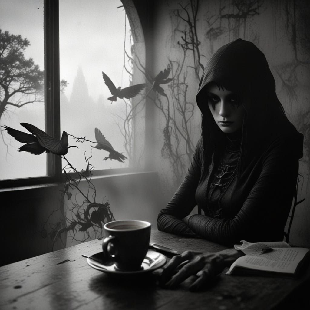 Goth Fashion Model in Surreal Coffee Shop
