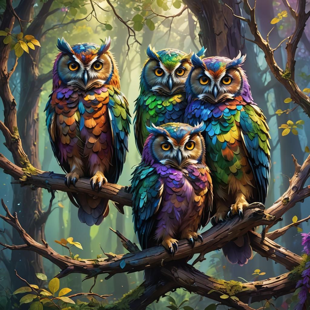 Rainbow Fluffy Owls on Branch: Matte Painting