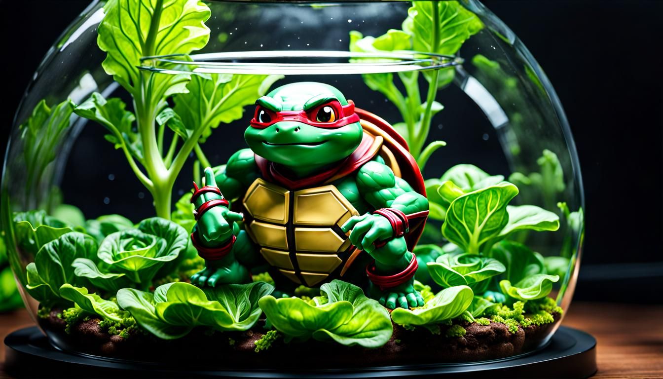 Chibi Raphael Eats Lettuce in Terrarium