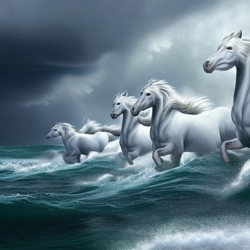 White Horses Charge Through Stormy Sea: Digital Painting