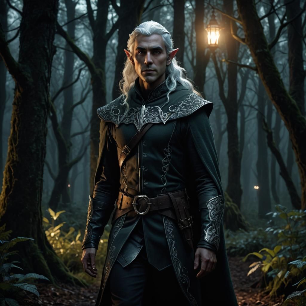 Ethereal Elf Walking into Dark Forest at Night