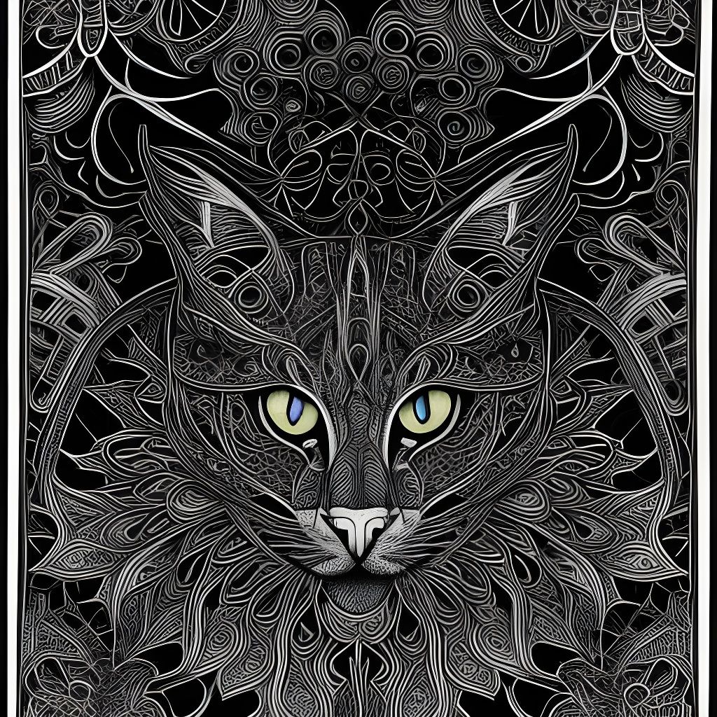 Fractal Cat Coloring Page in Quilling Style Ink