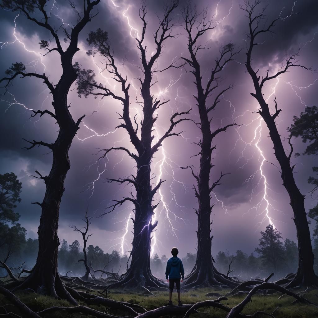 Electrifying Lightning Boy in Stormy Forest