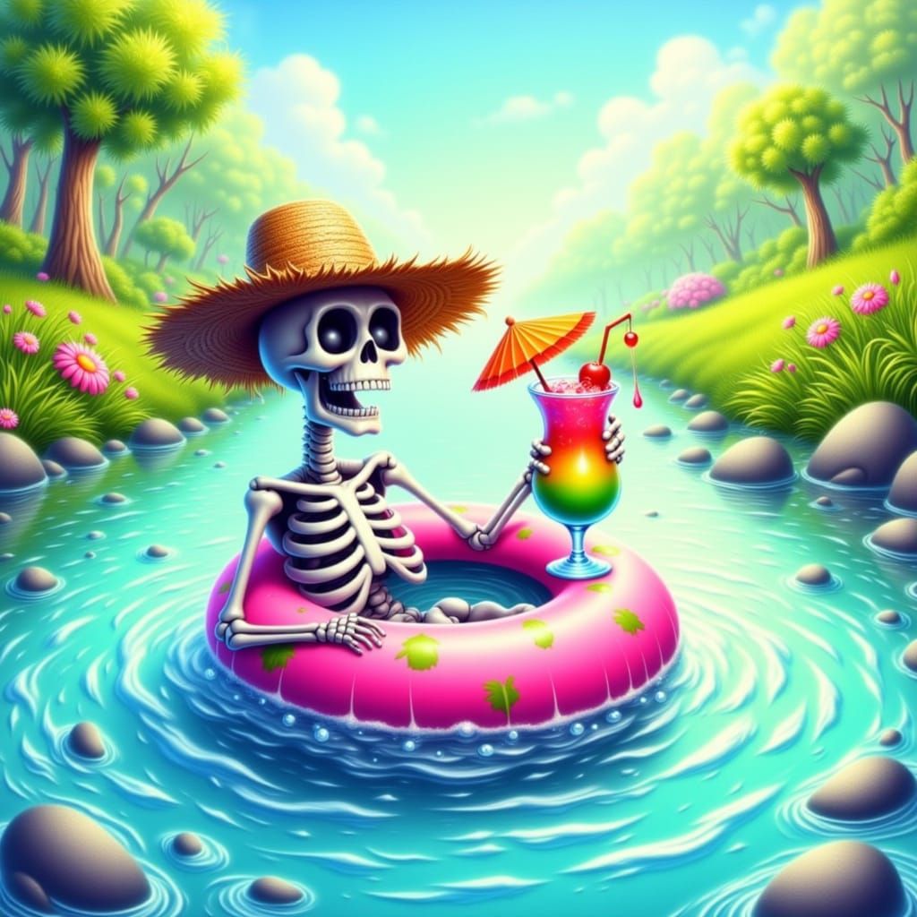 Joyful Skeleton Floats Down River with Tropical Drink