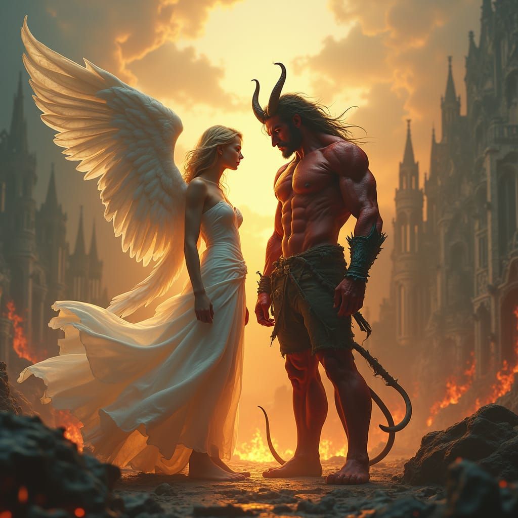 Serene Angel Confronts Fiery Demon in Divine-Hellish Landsca...
