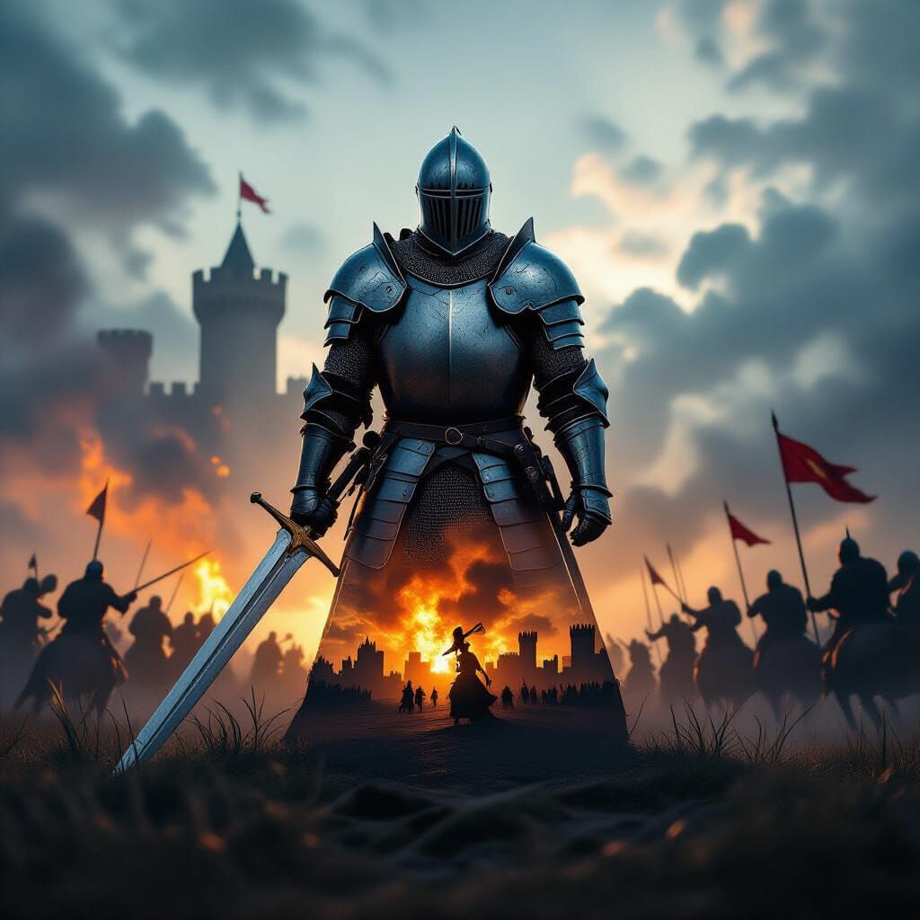 Knight Silhouette with Castle Siege Double Exposure Digital ...
