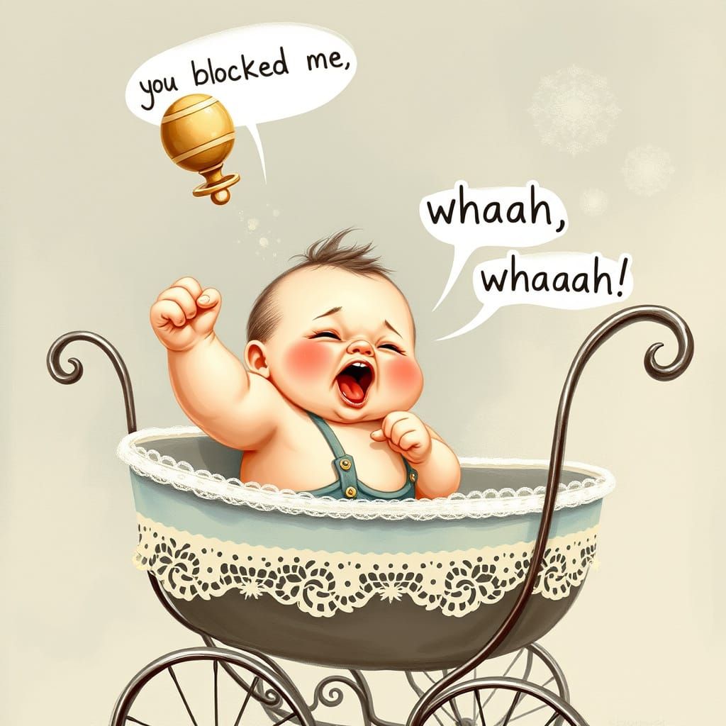 Angry Baby Throws Rattle in a Vintage Pram, with a Frustrate...