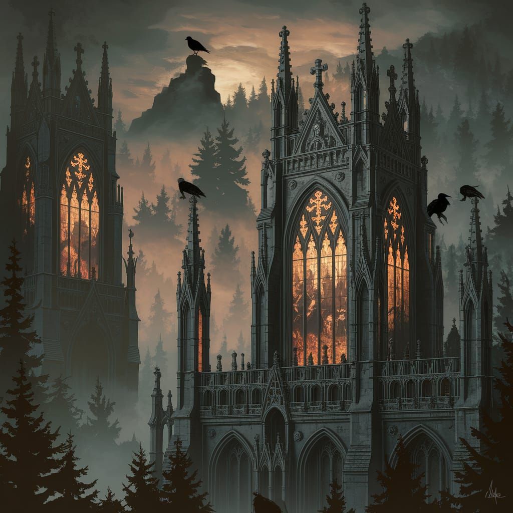Gothic Cathedral Rises from Mist-Shrouded Forest