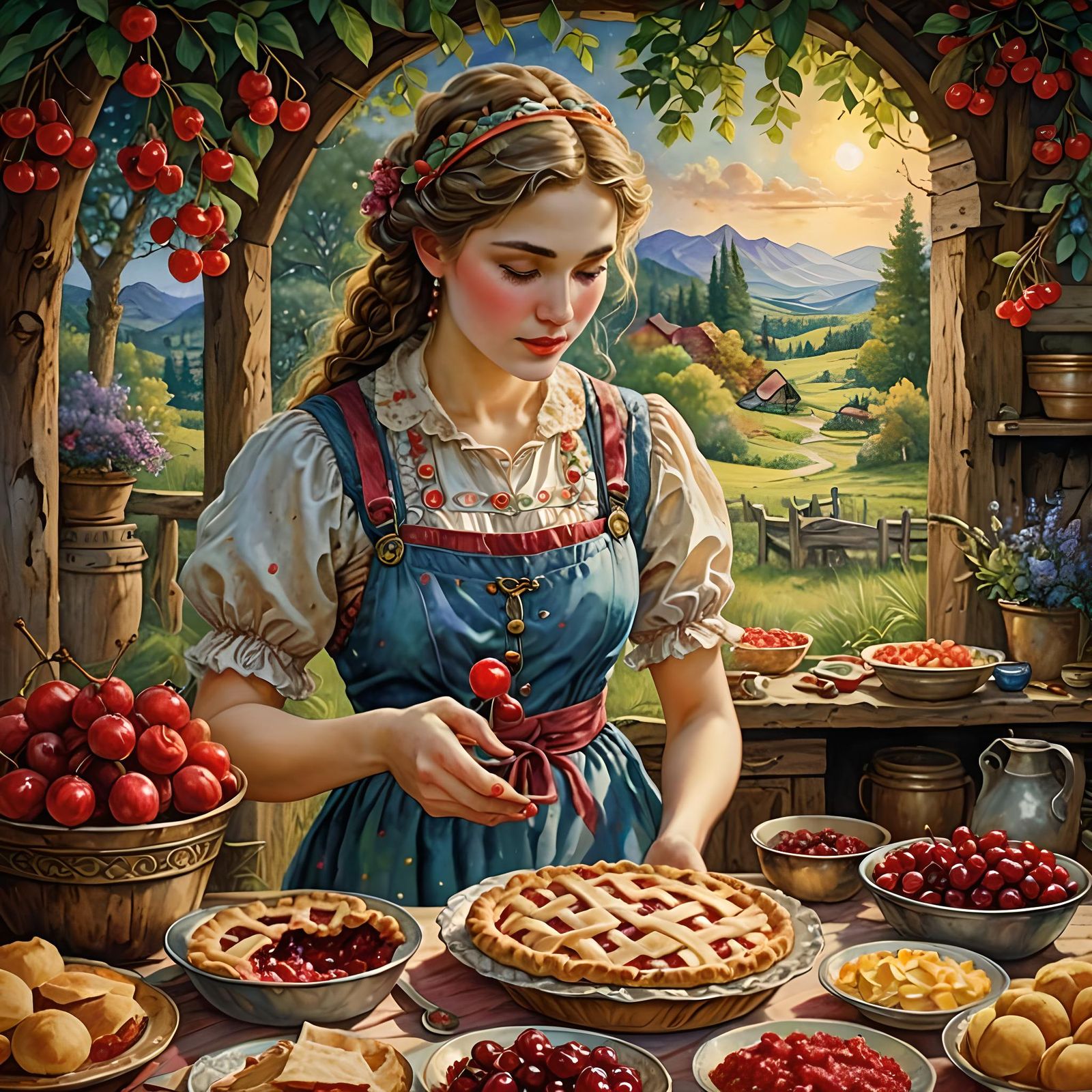 Country Girl Bakes Cherry Pies in Watercolor Style