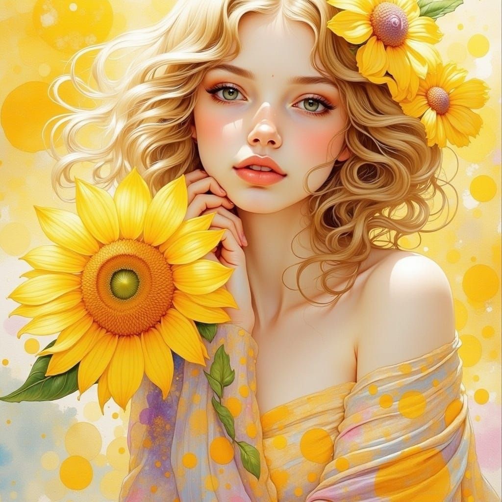 Girl with Sunflower in Impressionist Watercolor Style