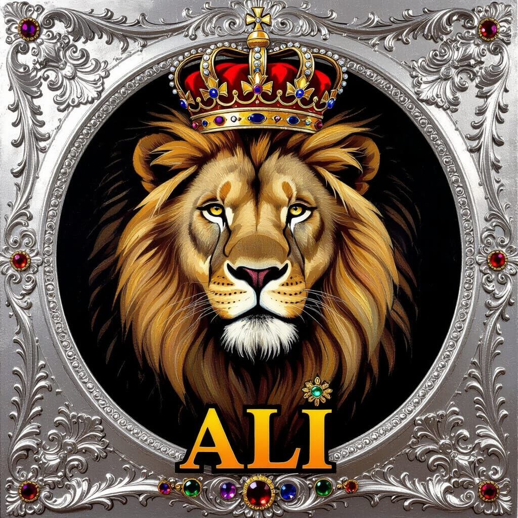 Majestic Lion Head in Ornate Silver Frame, Royal and Regal